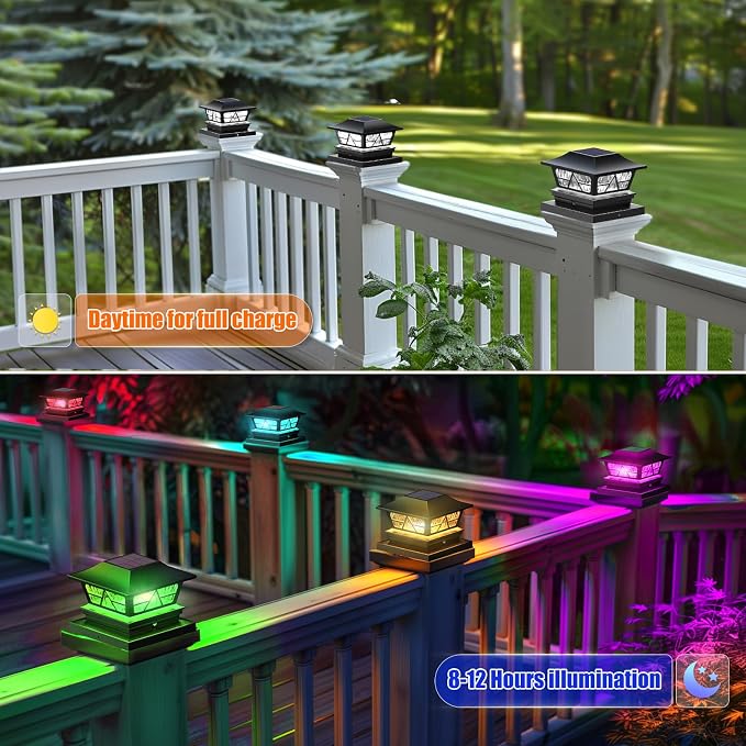 Solar Post Lights Outdoor Waterproof RGB Color Changing Modes Fence Post Cap Lights, Deck Post Lights Solar Powered for 4x4 5x5 6x6 Wooden or Vinyl Yard Garden Patio Decor, Black(8 Pack)