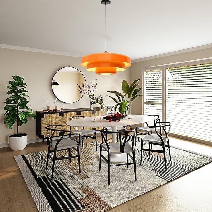 19.7" Large Mid Century Chandelier, 3-Tier Orange Metal Shade Pendant Light, Industrial Adjustable Ceiling Hanging Fixture for Dining Room, Hallway, Bedroom