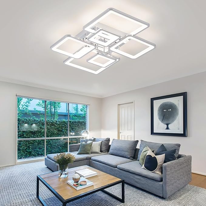 31.5''Dimmable Modern LED Ceiling Light Chrome 6Rings Square Ceiling Lamp 3000K-6500K Flush Mount Ceiling Lightwith Remote for Dining Room, Kitchen, Living Room