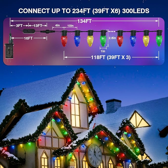 HOLILLUMA Smart C9 Christmas Lights Outdoor, 118FT 150LED RGB Color Changing String Lights, App&Remote Control, Music Sync, Connectable LED Christmas Tree Lights for Outdoor House Holiday Decoration