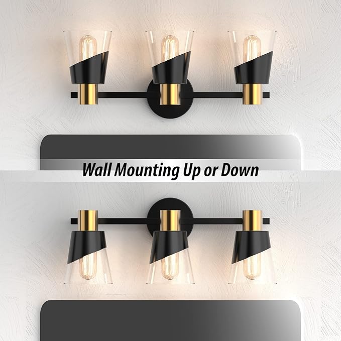 URSOLA Bathroom Vanity Light, 3 Lights Bathroom Light Fixtures Over Mirror, 20.47 inch Bathroom Light Fixtures, Black and Gold Design with Bevelled Edge and Clear Glass Shade Wall Lamp