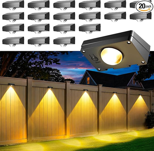 AUDERWIN Solar Fence Lights Outdoor Waterproof 20 Packs, Fence Lights Solar Powered, 3 Lighting Modes LED Lens Light for Wall, Backyard, Deck, Patio, Step, Stair, Porch, Pool Decor