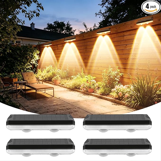 Solar Fence Lights Outdoor 4 Pack, 11 Colors & 13 Lighting Modes, IP65 Waterproof Dusk to Dawn LED Fence Lights Solar Powered for Outside Backyard Pool Wall Step Patio Deck Stair Railings