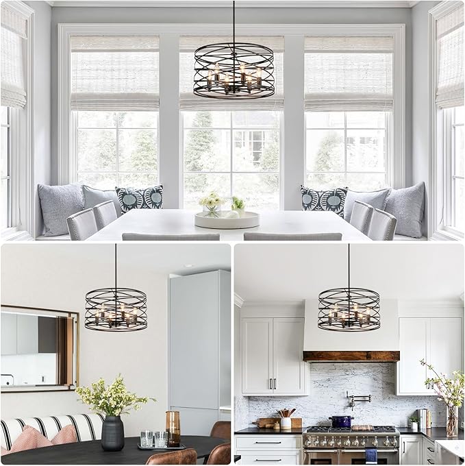 WILON 6-Light Pendant Lights Kitchen Island,19.68'' Spiral Cage Pendant Lights,Adjustable Black Industrial Pendant Light Fixtures Retro Lighting for Kitchen Island, Living Room, Bedroom