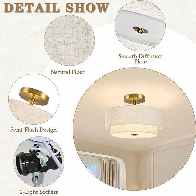 Bagood 2 Light Semi Flush Mount Ceiling Light Fixture 12.6 Inch Modern Gold Drum Lights Fixture with 2-Layer Fabric Shade Dimmable Close to Ceiling for Living Room Hallway Bedroom Entryway