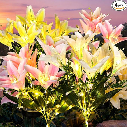 GIGALUMI Solar Garden Lights, 4Pack LED Lily Garden Decor Carefree Solar Flowers Outdoor Waterproof, Yard Decorations Outdoor, Allergy-Free Light up Flowers for Yard Patio (2Pink,1White,1Yellow)