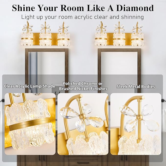 Bathroom Lights Over Mirror - Makeup Lighting Gold - Bathroom Vanity Light with Acrylic Shades for Bath, Makeup Desk, Farmhouse, Hallway, 3-Light