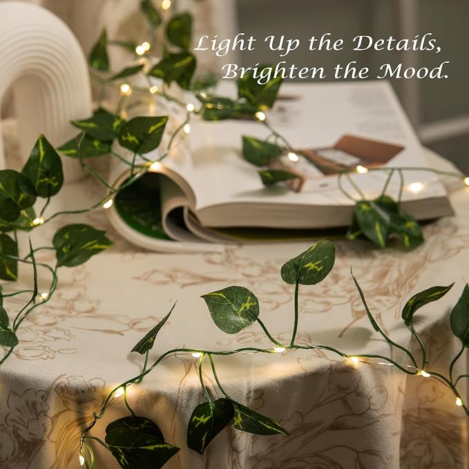 Vine with Fairy Lights, 2 Pack 40 LEDs Vine Lights Pothos Battery Operated Indoor String Lights, Artifical Garland Leaf Fairy Light Wall Wedding Garden Dorm Bedroom Decor