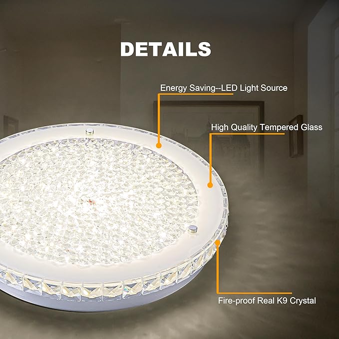 Crystal Ceiling Light Fixture LED Crystal Flush Mount Ceiling Light 4000K Dimmable Semi Flush Mount for Hallway Bedroom Laundry Bathroom Round 24W 2640LM 14"