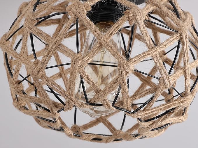2 Pack Coastal Woven Flush Mount Ceiling Light Fixture Small Boho Rustic Hemp Rope Cage Semi Flush Mount Ceiling Light for Kitchen Hallway Farmhouse Entryway Beach, Black