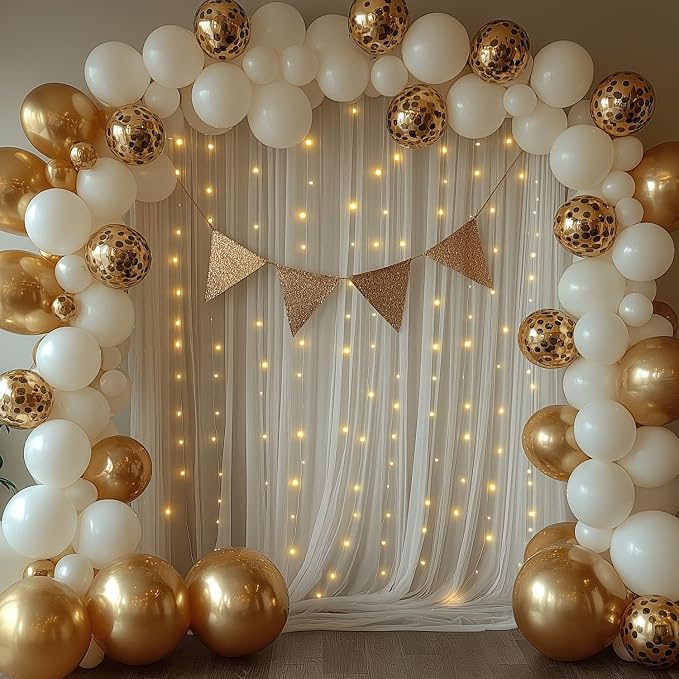 10x10ft White Tulle Backdrop Curtain with Lights String Sheer Drapes for Wedding, Birthday, Baby Shower, Bridal Shower, Photo Booth, Party, Home Decor (2 Panels, White)