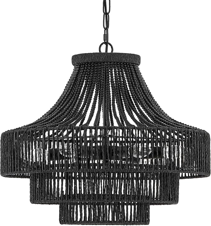 20" Black Wood Beaded Rattan Chandelier Boho Hand Woven Pendant Light for Dining Living Room Kitchen Bedroom, UL Listed