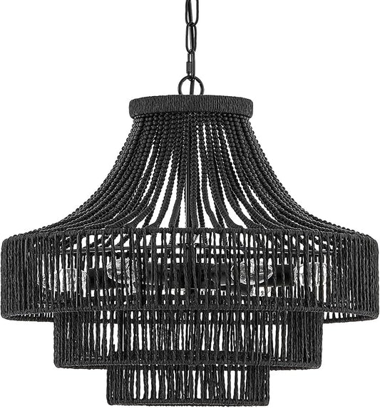 20" Black Wood Beaded Rattan Chandelier Boho Hand Woven Pendant Light for Dining Living Room Kitchen Bedroom, UL Listed