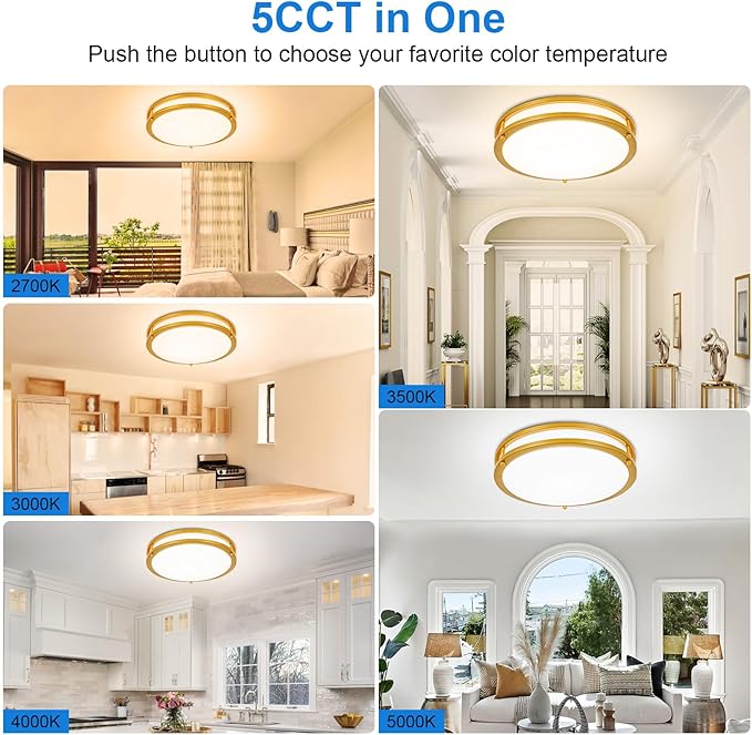 DLLT Flush Mount LED Ceiling Light: 13 Inch 5CCT (3000K-6000K) & Dimmable Ceiling Light Fixtures for Bedroom Hallway - 24W Modern Gold Super Bright Kitchen Lighting Fixtures Ceiling