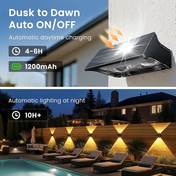 JOFIOS Solar Fence Lights Outdoor,8Pack,Warm White+RGB 9 Colors,1200mAh,Up and Down Fence Lights Solar Powered Waterproof,Solar Wall Lights for Fence,Backyard,Porch（Black）
