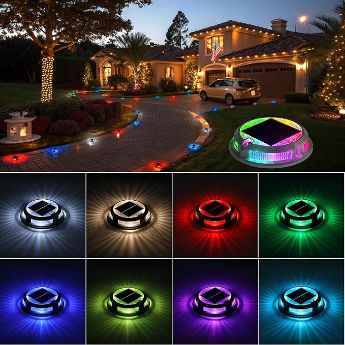 Solar Driveway Lights Outdoor 16 Pack, RGB Colors Solar Deck Dock Lights Outdoor Waterproof IP68, 3 Dynamic Light Modes Driveway Marker for Warning Stair, Boat Dock, Step, Walkway, Patio Decor