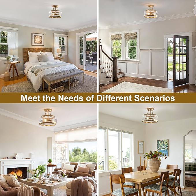 11.8" Gold Semi Flush Mount Ceiling Light, Small Ceiling Lighting Modern Clear Glass Flush Mount Drum Light Fixture for Dining Room Foyer Entryway Bedroom Kitchen Bathroom 3-Light