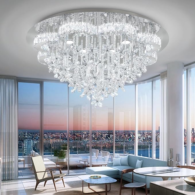 Flashing God Dia 48“ Modern Crystal Chandelier Living Room Large Chandeliers Dinning Room Crystal Raindrop Chandelier Flush Mount Ceiling Light LED Dimmable 2700k 4500k 6000k