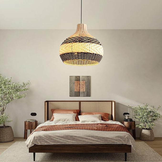 3-Light Rattan Pendant Light,1-Pack Hand-Woven Black White Faux Rattan Hanging Light 15" Boho Basket Wicker Chandelier for Living Room Bedroom Kitchen Dining Hallway