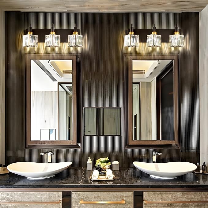 Modern Crystal Bathroom Vanity Light 3-Light Brass Wall Light Fixtures Over Mirror Black and Gold Vanity Lighting for Bathroom Square Shade Brass Wall Sconce
