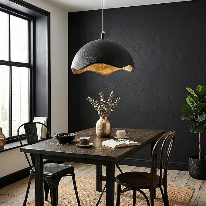 JAYMP 15.7" Modern Pendant Light for Dining Room Kitchen Island Hanging Lamp E26 Base Japanese Wabi-Sabi Style Bird Nest Shape Lighting Fixture, 1 Pack (Black + Gold,D Shape, 40cm/15.7inch)