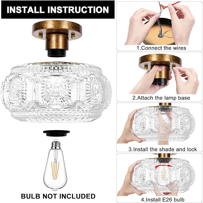 Semi Flush Mount Ceiling Light, Globe Glass Ceiling Light Fixture, Antique Bronze Modern Lighting for Hallway Bedroom Entryway Kitchen Porch, Bulb Not Included