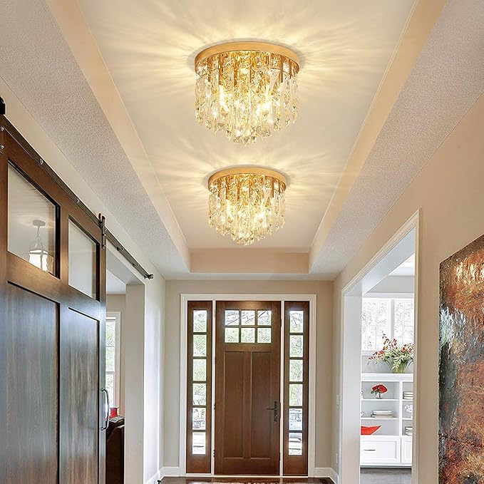 YMP&YZX Small Crystal Chandelier for Low Ceiling,11.8" French Gold Modern Crystal Chandelier with E12 Base Lights for Bedroom Living Dining Room Hallway Closet Light Fixture Flush Mount 3 Light