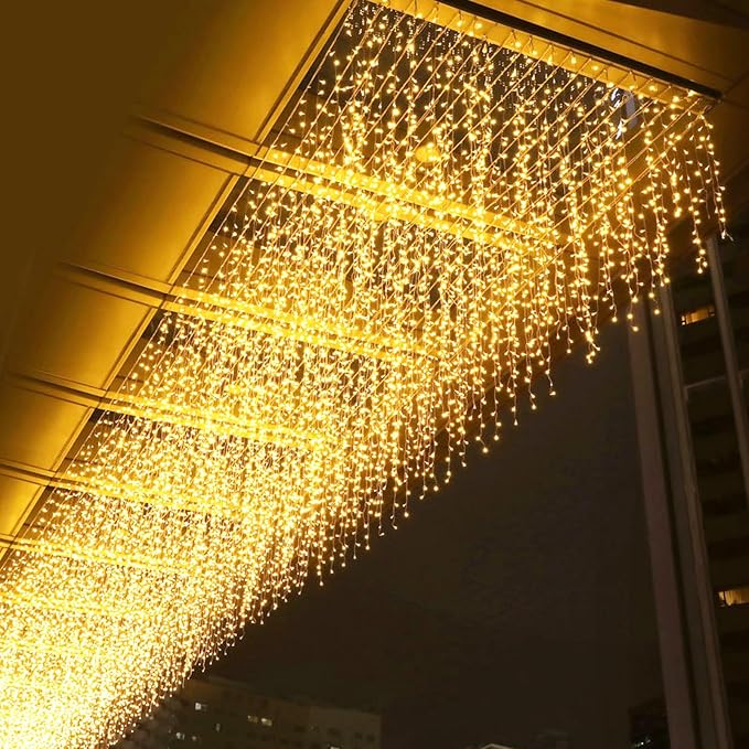 LED Icicle Christmas Lights, 16.4FT 112 LEDs Extendable Curtain 8 Modes Twinkle Novelty Christmas Long Window Dangling Fairy String Lights Outdoor Indoor, Warn White, 5M04