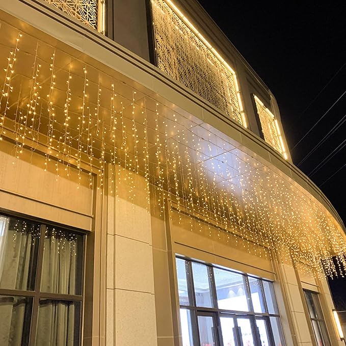 LED Icicle Christmas Lights, 16.4FT 112 LEDs Extendable Curtain 8 Modes Twinkle Novelty Christmas Long Window Dangling Fairy String Lights Outdoor Indoor, Warn White, 5M04