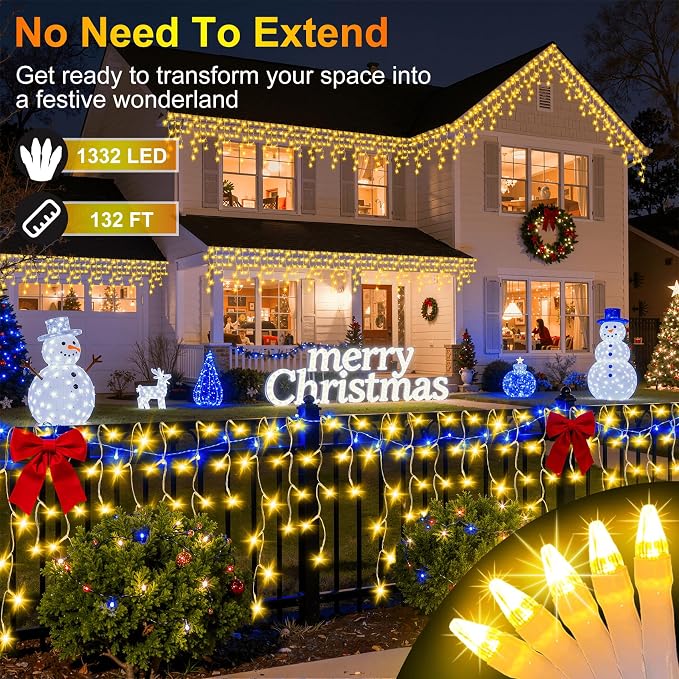 1332 LED 132FT Christmas Lights with 296 Drops, 12 Modes Dimmable Warm white Outdoor Hanging Lights with Timer Memory, Waterproof Curtain Lights for Home Bedroom Indoor Tree Window Roof Fence Wedding
