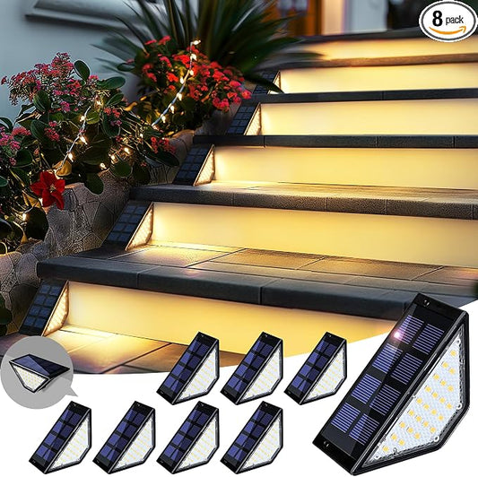 PATIOWIN 8 Pack Solar Step Lights for Outside, 24 LEDs Solar Stair Lights Waterproof IP65, Solar Deck Lights Outdoor Decor for Garden, Porch, Pathway, Patio, Fence(Warm White)