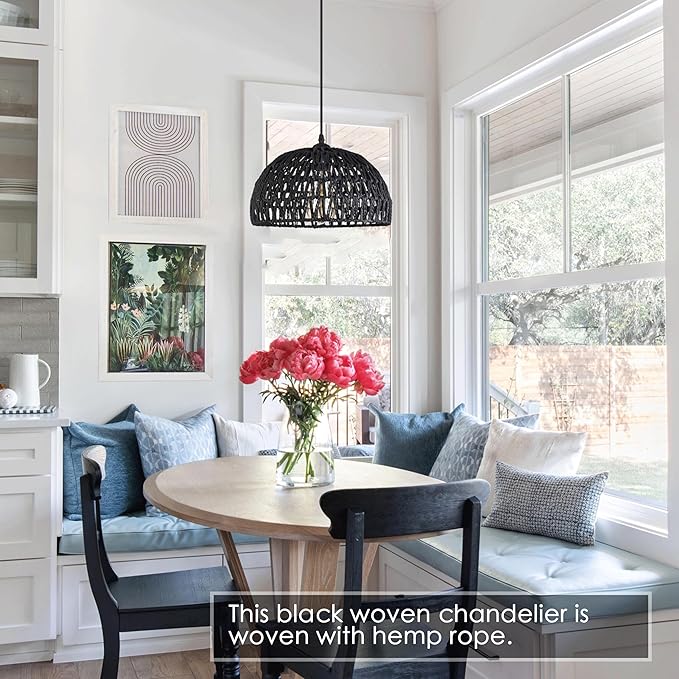 Ayshwill Dec Black Rattan Wicker Pendant Light - 15ft Boho Rattan Chandelier for Dining Room Kitchen Island (Bulb Included)
