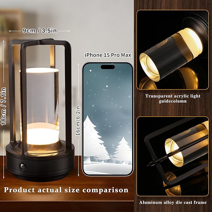 Anxingtools Portable Metal Table Lamp, Cordless Table Lamp, Rechargeable Battery Powered Portable LED Desk Lamp, 3 Color Stepless Dimming Touch, for Bedroom Restaurant Home Outdoor (Grey)