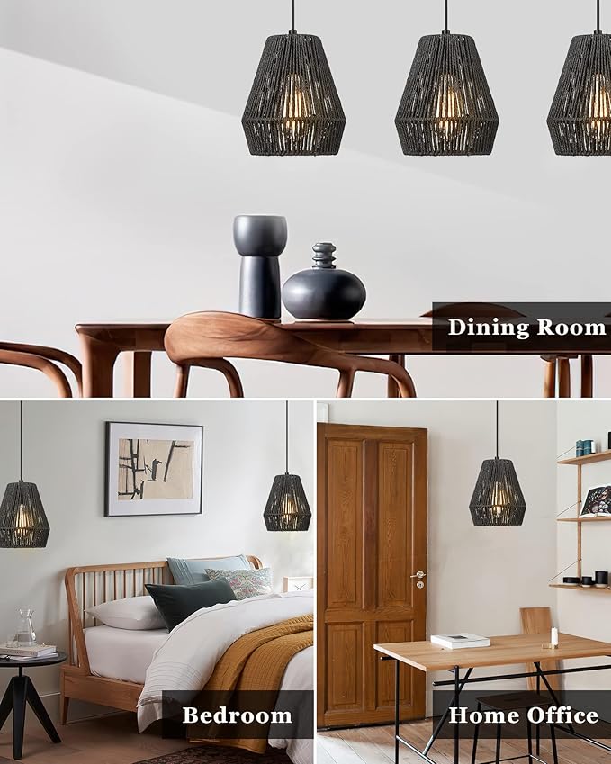 Woven Pendant Light Fixtures, ELYONA 7" Farmhouse Coastal Hanging Lamp with Matte Black Handwoven Rattan Basket Shade Modern Boho Pendant Light for Kitchen Island Dining Room Bar Bedroom Foyer Hallway