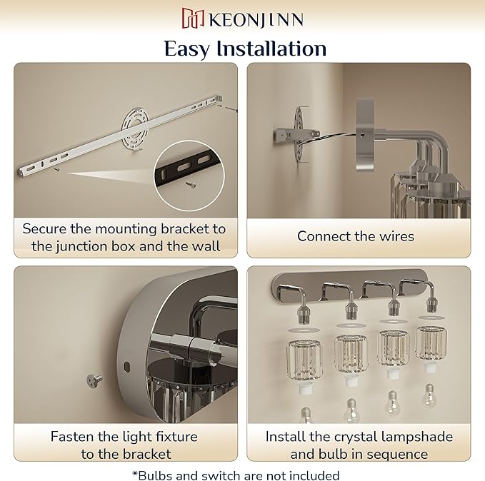 Keonjinn 4-Light Bathroom Light Fixtures, Crystal Chrome Bathroom Vanity Lights Over Mirror, Vanity Lighting Fixtures with Crystal Square Shades (E26 Socket, Exclude Bulb)