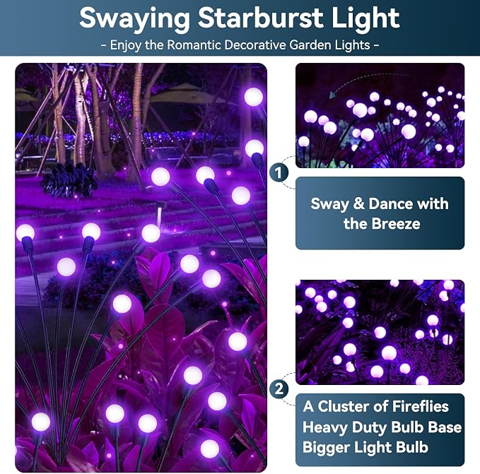 Solar Garden Lights Outdoor Waterproof, 2 Pack 16 LED Swaying Firefly Lights Outdoor Decor Light for Pathway Party Christmas Decoration, Unique Gifts for Women, Purple