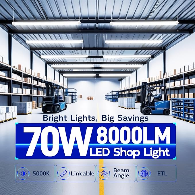 hykolity 4FT 70W LED Shop Light Linkable, 8000lm(300w Equivalent), 5000K Utility Shop Lights for Garages, Workshops, Basements, Hanging or FlushMount, with Power Cord and Pull Chain, ETL, 4 Pack