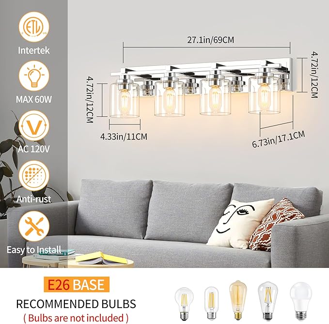 4 Light Modern Bathroom Light Fixtures Over Mirror, Chrome Vanity Lights for Bathroom Wall Sconces with Clear Glass Shades, E26 Socket (Bulbs Not Included)