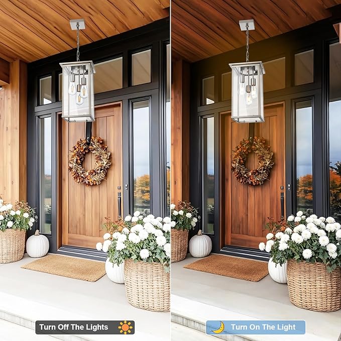 Yaohong Large Outdoor Chandelier for Porch, 3-Light Brushed Nickel Outdoor Pendant Light Fixture Rust-Resistant Metal with Clear Glass, Adjustable Exterior Pendant Light for Porch Entrance Foyer Front