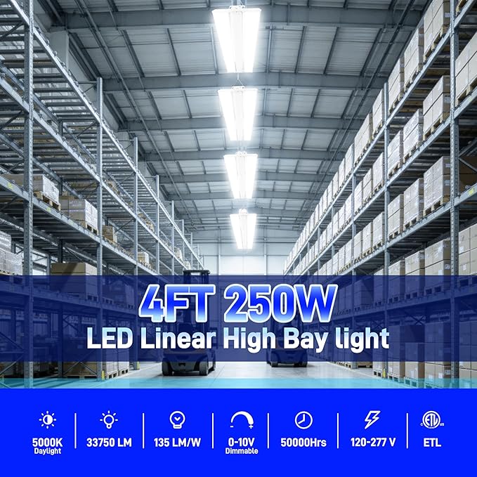 hykolity 4 Pack 4FT 250W LED Linear High Bay Shop Light, 33750LM 135LM/W, 100-277V, 0-10V Dim, 5000K Daylight Linear Hanging Light for Warehouse Workshops
