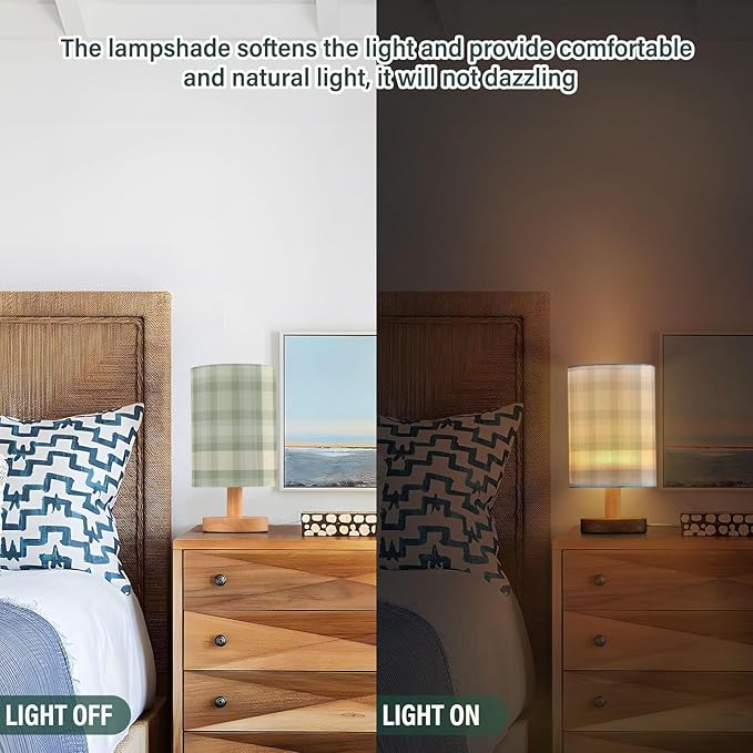 Aslsiy Sage Green Plaid Bedside Table Lamp Checked Nightstand Lamp Night Light Fabric Shade for Bedroom Living Room Home Office