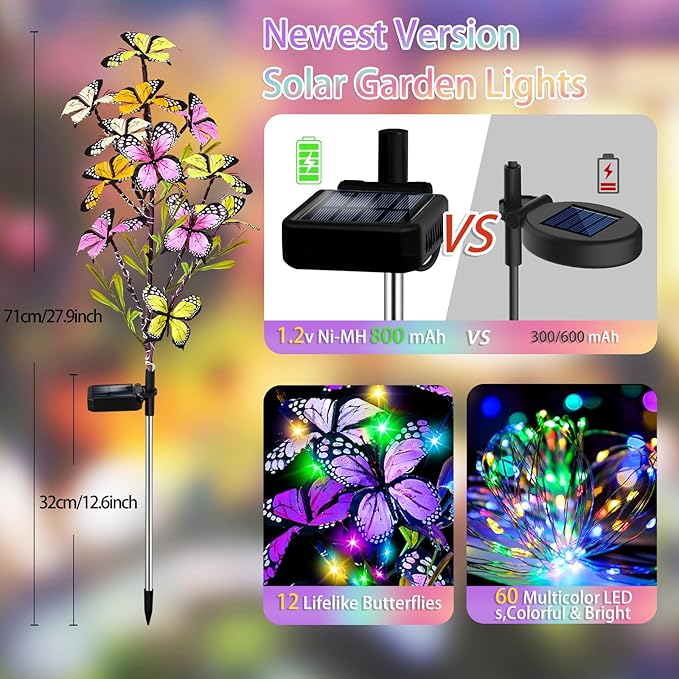 Solar Garden Lights Outdoor, Waterproof 4 Pack Solar Butterfly Lights with 60 LED 12 Butterfly Colorful Lighting for Garden Yard Lawn Outdoor Decor, Gift for Mom Women Mother's Day
