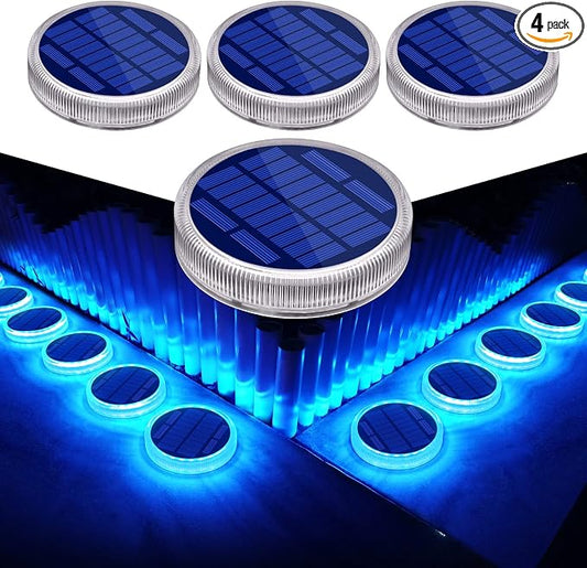 YiLaie Blue Solar Lights for Outside Stick on Boat Dock Deck Step Driveway Strip Lights Outdoor Waterproof Solar Powered Stair Post Ground Pathway Walkway Accessories Auto ON/Off（4 Pack）