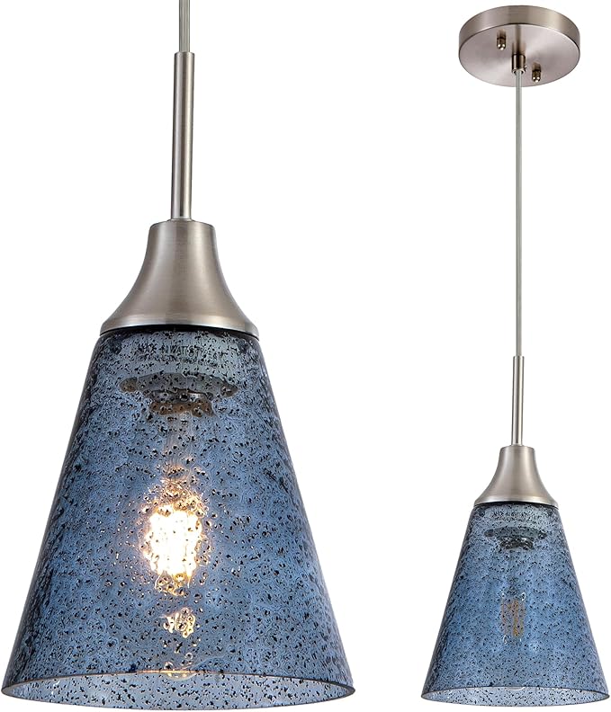 Viinew Mini Glass Pendant Light,5.9" Horn Shape Dark Blue Glass Hanging Light,1-Pack Handblown Clear Blue Seeded Shade Adjustable Cord Ceiling Light Fixture for Kitchen Island Sink