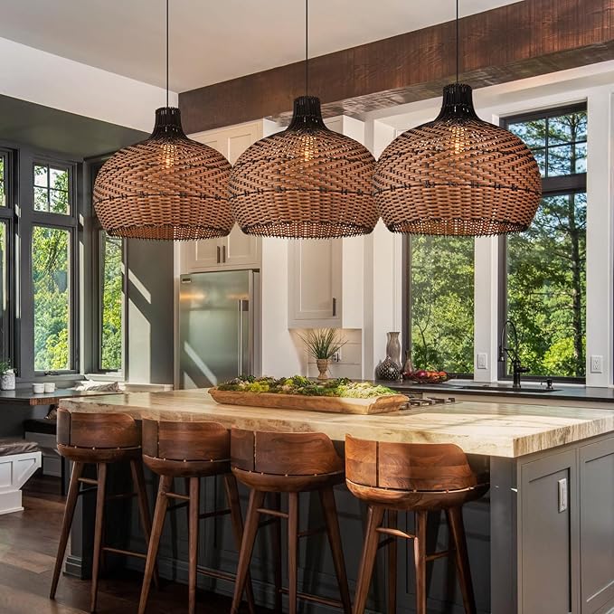 Arturesthome 1 Light Rattan Pendant Light Fixtures for Kitchen Island, 23.6" Wicker Chandelier, Handwoven Hanging Ceiling Lighting Lampshade for Dining Room Hallway Black
