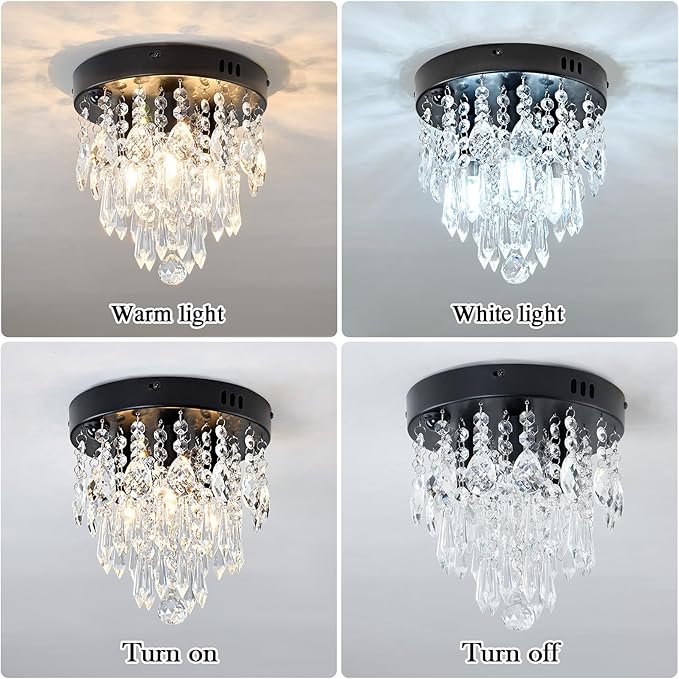 YYJLX Indoor Motion Sensor Ceiling Light Modern Crystal Chandelier Black Mini Flush Mount Light Fixture for Hallway Closet Porch Hall Front,3 Light E12.