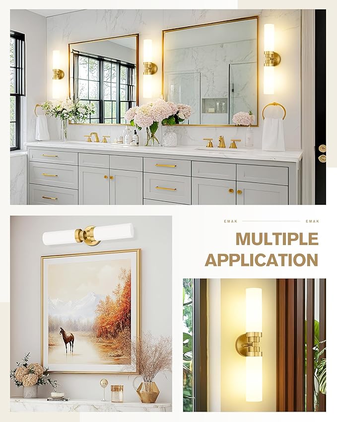 Emak Modern 22 Inch Bathroom Light Fixtures Over Mirror, Brushed Gold Vanity Light Bar with Milk Glass Shade, 2-Light Bathroom Wall Sconce, VL085-BGD-ML-2