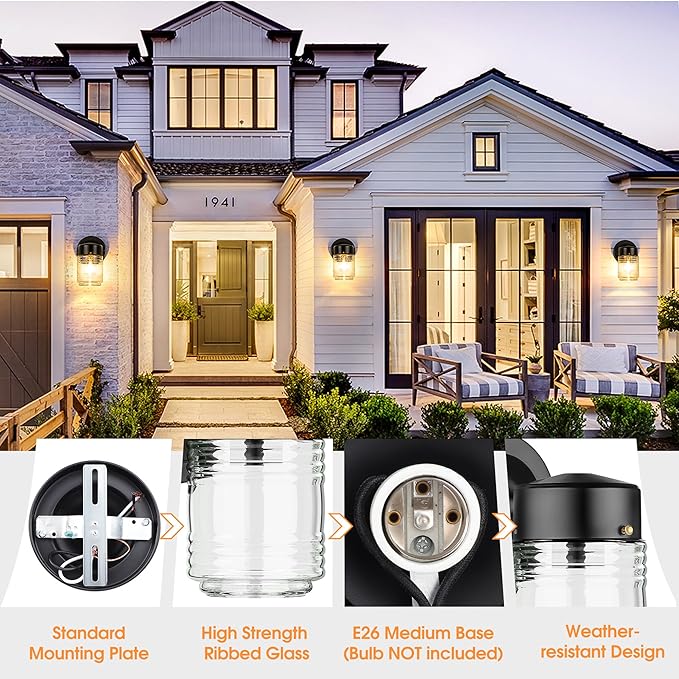 MATAMEYE Jelly Jar Outdoor Wall Lantern, Black Exterior Waterproof Wall Mount Lighting Fixture, Anti-Rust Front Door Sconce with Clear Ribbed Glass, E26 Socket Lights, 2 Pack
