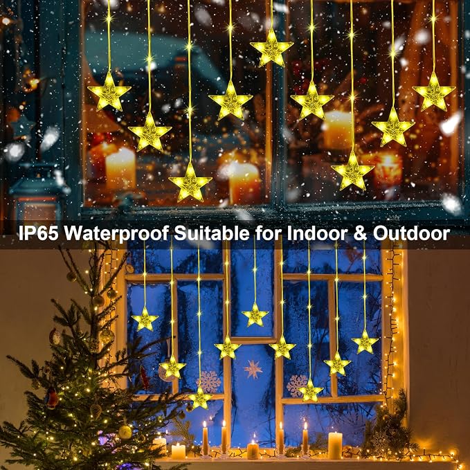 GLOONITY Fairy Lights for Festive Decoration, LED String Lights, IP65 Waterproof 9 Stars Curtain Lights Battery Operated with Timer 8 Mode, Warm White LED Lamps for Outdoor Use