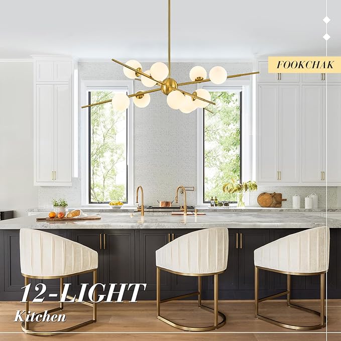 Large Gold Sputnik Chandelier 39in 12-Light Frosted Glass Chandelier Light Fixture Mid-Century Modern Molecular Chandeliers for Living Room Dining Room Foyer Kitchen Bedroom